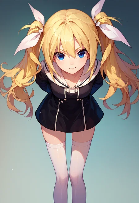 score_9, score_8_up, score_7_up, 1girl,  HinaSchool, blue eyes, blonde hair, twintails, white hair ribbon, black short dress, white thighhighs, black sleeves, bent over, front view, looking at viewer, arms behind back,   <lora:Arimura 10 DORA 3:1>