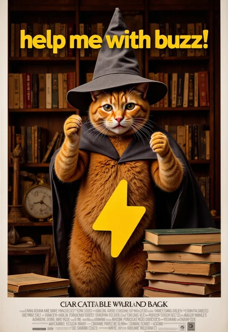 a realistic picture, , ((cute muscular orange cat wearing wizard outfit, in front of pile of magic books, shows the viewer a sparkling icon of a bright, yellow SuchBuzzLogo lightning in his hands with a surprised expression on his face. The lightning bold are glowing in his hands, his skinny figure illuminated by the bright lights. Against the backdrop of the castle library ,(intricate details,naturalism,hyperdetailed,hyperrealistic:1.55) mvpstrCE style ((((Display the text "help me with buzz!" on a movie poster)))). no human