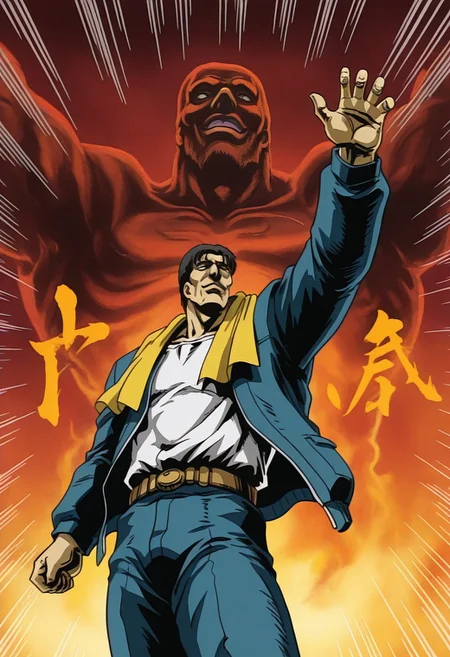 masterpiece, general, best quality, amazing quality, very aesthetic, ultra-detailed, absurdres, highres, best hands, guizuo \(style\), 1man, male focus, solo, black short hair, middle-aged man, yellow towel around neck, blue jacket, open clothes, white shirt, shirt tucked in, blue pants, brown belt, kuinashi, hell, (emphasis lines:1.4),