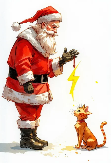 Watercolor painting of santa claus giving a yellow lightning bolt symbol to a small kitty