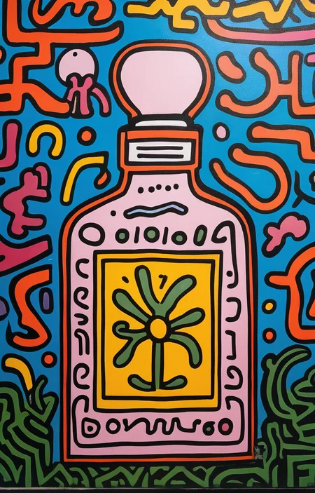 masterpiece,best quality,<lora:tbh164-sdxl:0.9>,illustration,style of Keith Haring, A bottle of perfume in garden