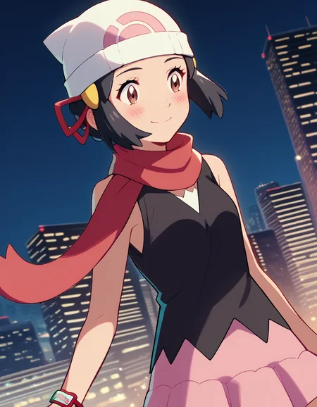score_9, score_8_up, score_7_up, source_anime, mitsuhamiyamizu, <lora:mitsuha-miyamizu-ponyxl-lora-nochekaiser:1>, mitsuha miyamizu, black hair, brown eyes, short hair, ribbon, hair bun, hair ribbon, red ribbon,, <lora:dawn-pokemon-cosplay-ponyxl-lora-nochekaiser:1>, dawnpokemoncosplay, dawn \(pokemon\) \(cosplay\), bare shoulders, beanie, black shirt, black socks, bracelet, hat, jewelry, kneehighs, miniskirt, pink skirt, red scarf, scarf, shirt, skirt, sleeveless, sleeveless shirt, white headwear,, cityscape, street, smile, blush,, cowboy shot, dutch angle, solo,