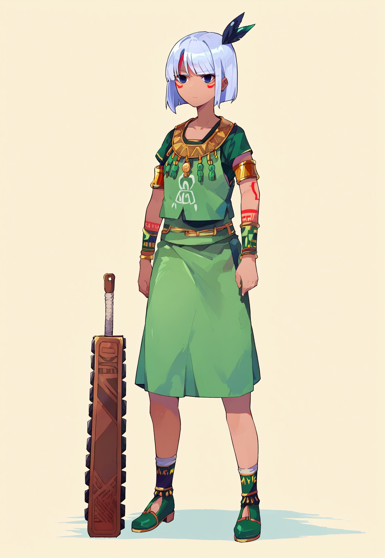 score_9, score_8, score_7, source_anime, asatsuki, weapon, facial mark, expressionless, skirt, closed mouth, shirt, tribal, full body, green skirt, armlet