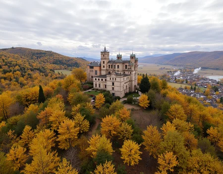 aerial view of the picturesque European countryside during the captivating fall season, vibrant hues of gold and amber blanket the rolling hills, where countless trees shed their yellow leaves in a breathtaking display of nature's artistry. Among these undulating landscapes, perched majestically atop one of the hills, stands a formidable castle with turrets that pierce the sky, its ancient stone walls adorned with climbing ivy that blazes with rich autumn colors. Below the castle, charming towns dot the landscape, their quaint rooftops peeking through thickets of trees, smoke lazily curling from chimneys as residents prepare for the cozy evening ahead. The cloudy sky overhead, awash with varying shades of gray, casts a soft diffused light over the scene, creating an atmosphere that feels both mysterious and serene, as if time itself has paused to admire this harmonious blend of nature and human ingenuity. The gentle rustle of leaves in the crisp air and the distant murmur of a flowing stream contribute to a symphony of tranquility engulfing this idyllic setting.
 <lora:iphone-dev-6:1> iphone photo