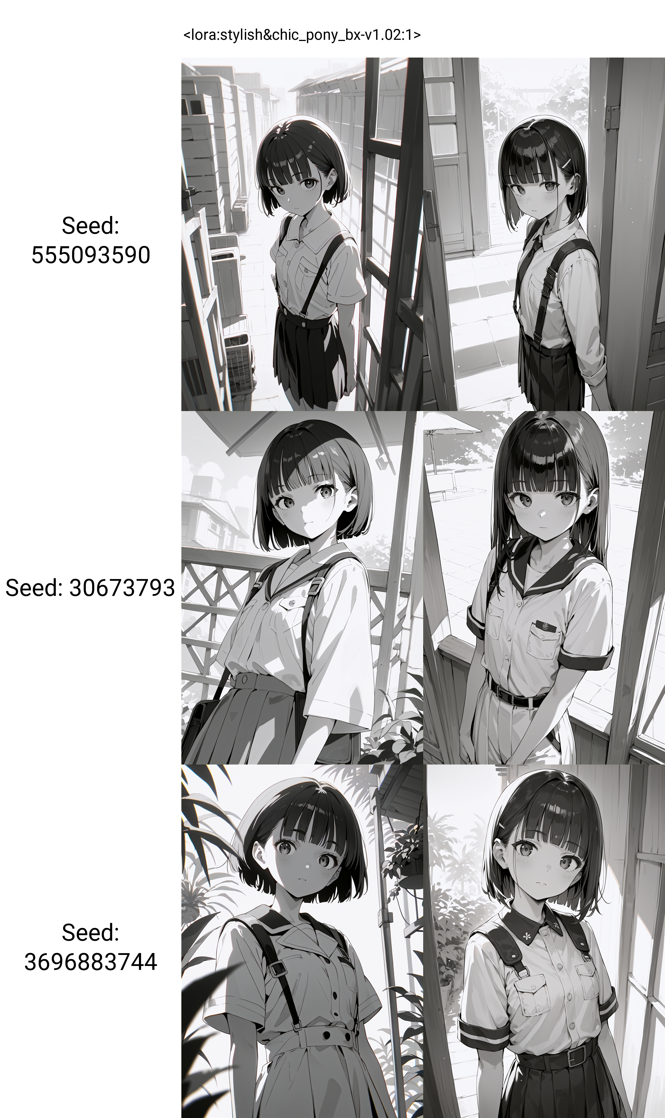 score_9,score_8_up,score_7_up,source_anime,1girl,solo,blunt bangs,summer_uniform,dynamic_angle,looking at viewer,monochrome,<lora:stylish&chic_pony_bx-v1.02:1>,
