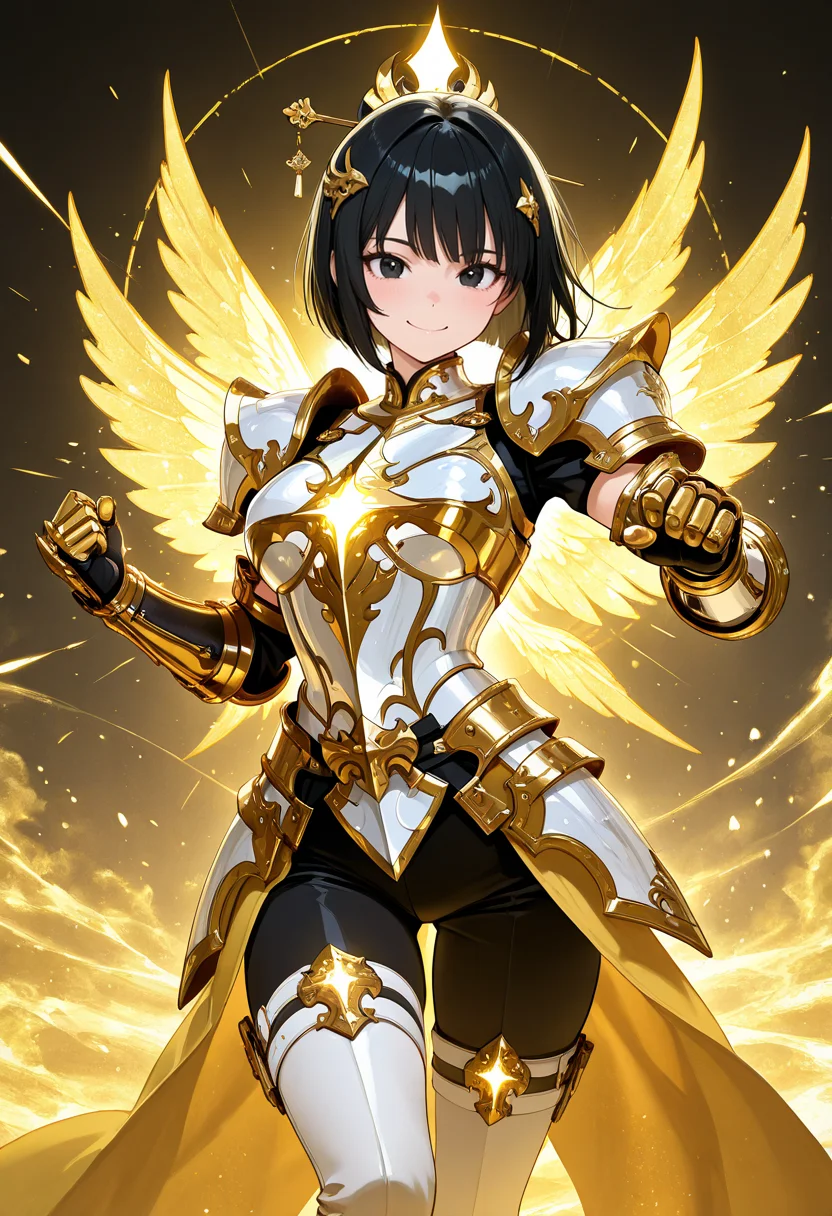 masterpiece,best quality,amazing quality, very aesthetic, ((outlined outlined vector graphics)), cute face, (glow eyes:0.5) , from front, looking at viewer ,detailed background,
1girl,
20yo, black hair, black eyes, short bob hair, hair pin,mdeium breast, slender,(white thigh strap:1.1),
,solo,cute face,
smile, happy , white armor, golden-mythril-armor , , glowing, glittering , fantasy, glimmering , pants , action pose, clothed <lora:golden-mythril-armor-il-01:0.8>