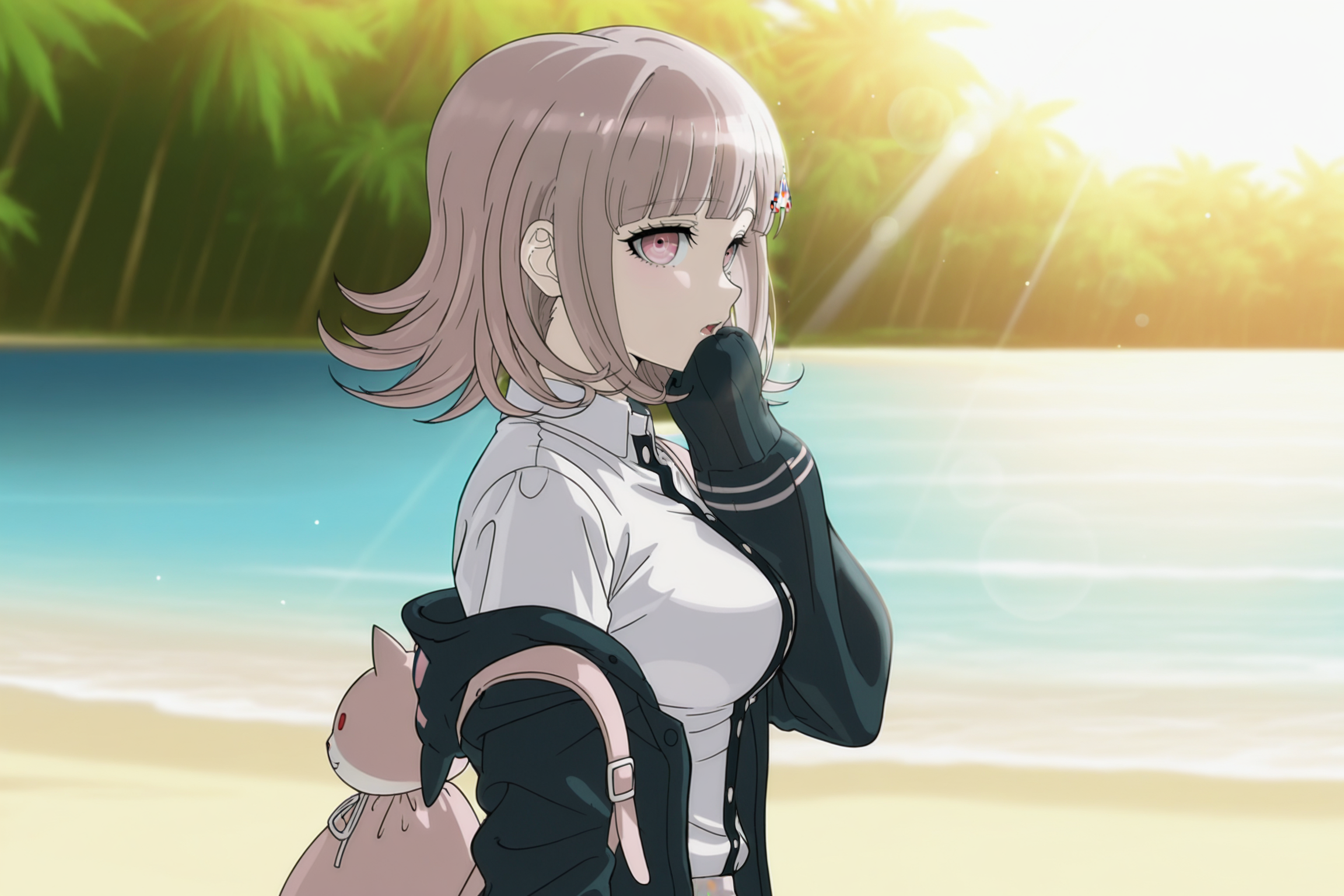 anime screencap, masterpiece, best quality, amazing quality, very aesthetic, absurdres,  newest, (scenery, volumetric lighting),
nanami chiaki, official style, 1girl, solo, breasts, looking at viewer, flipped hair, medium hair, light brown hair, pink eyes, open mouth, bangs, hairclip, from side, off shoulder, black hoodie, open hoodie, hood down, backpack, pink bag, collared shirt, white shirt, two-tone shirt, long sleeves, sleeves past fingers, hand to own mouth, standing, upper body, arm at side, beach, dappled sunlight, light rays, lens flare, 
 <lora:Chiaki_IL:0.8>