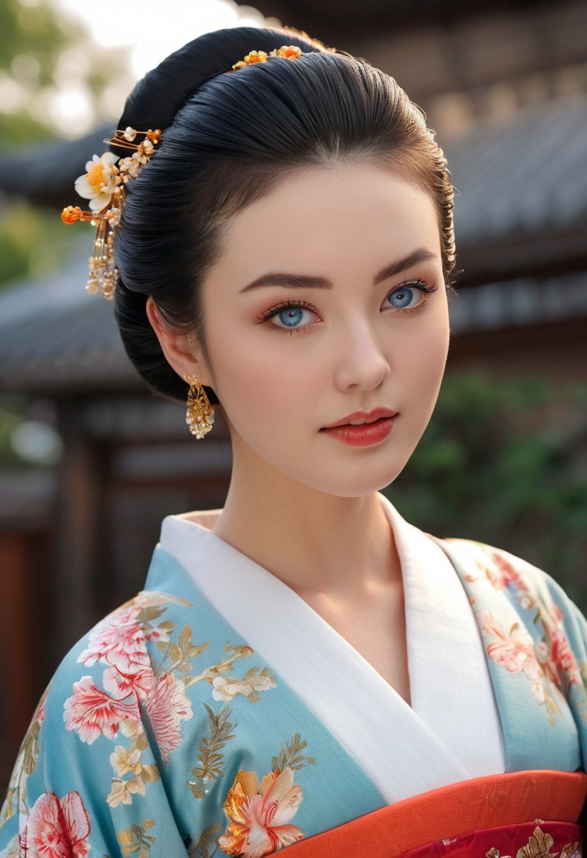 embedding:urn:air:sd1:embedding:civitai:222256@250708,  score_9, score_8_up, score_7_up, rating_explicit, MythAn1m3, 4k, masterpiece, highly detailed, 18yo, girl, Blue eyes. small perfecteyes , no makeup. Clear skin.  realistic skin style, Long dark black slick back hair. No makeup. Cheerful morning , bright sun light. fancy hair style, decorated hair style, sexy, extremely beautiful, stunning beauty, striking beauty, beautiful face, Japanese girl, perfect anatomy, aristocracy, geisha, beautiful kimono, open robe, (cleavage:1.2, huge breasts), bursting breasts, smooth skin, seductive, tea house, Looking at camera POV. Slight smile, tilting head. Tilt head.Bokeh.Bokeh light.