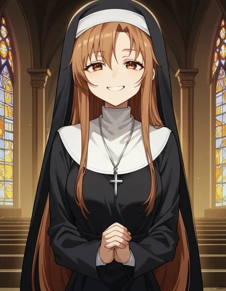 score_9, score_8_up, score_7_up, source_anime, asunayuuki, <lora:asuna-yuuki-s1-ponyxl-lora-nochekaiser:1>, asuna yuuki, long hair, brown hair, brown eyes, medium breasts,, <lora:traditional-nun-ponyxl-lora-nochekaiser:1>, traditional nun, nun, habit, long sleeves, dress, black dress, jewelry, black veil, cross, cross necklace,, church, smug, praying,, cowboy shot