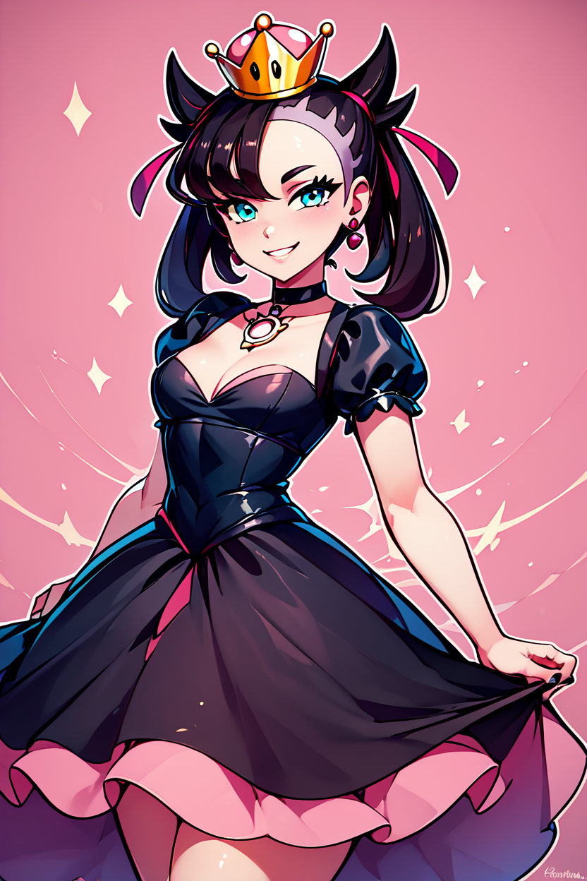 score_9, score_8_up, score_8, medium breasts, (curvy), cute, eyelashes,       BREAK, ,  zzShadowHimeMarnieCitron, super crown, black hair, twintails, asymmetric bangs, crown, black dress,  pink gemstone, pink waist bow, bangs, dress, jewelry, short sleeves, earrings, choker, black dress, black choker,    <lora:ShadowHimeMarnie_CitronOC_PDXL_v2:0.8>,, BREAK, smile, looking at viewer, ,,, abstract background, white outline, cowboy shot, ,,, embedding:zPDXL, Expressiveh, ,,, <lora:CatalystStylePDXL:0.6>, <lora:SDXLFaeTastic2400:0.5>, <lora:Expressive_H-000001:0.4>,