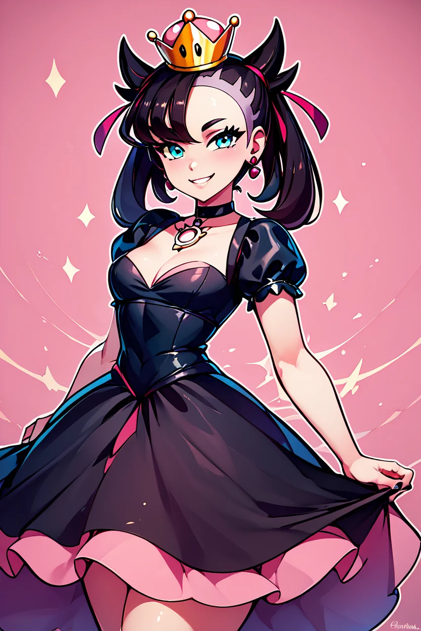 score_9, score_8_up, score_8, medium breasts, (curvy), cute, eyelashes, BREAK, , zzShadowHimeMarnieCitron, super crown, black hair, twintails, asymmetric bangs, crown, black dress, pink gemstone, pink waist bow, bangs, dress, jewelry, short sleeves, earrings, choker, black dress, black choker, <lora:ShadowHimeMarnie_CitronOC_PDXL_v2:0.8>,, BREAK, smile, looking at viewer, ,,, abstract background, white outline, cowboy shot, ,,, embedding:zPDXL, Expressiveh, ,,, <lora:CatalystStylePDXL:0.6>, <lora:SDXLFaeTastic2400:0.5>, <lora:Expressive_H-000001:0.4>,