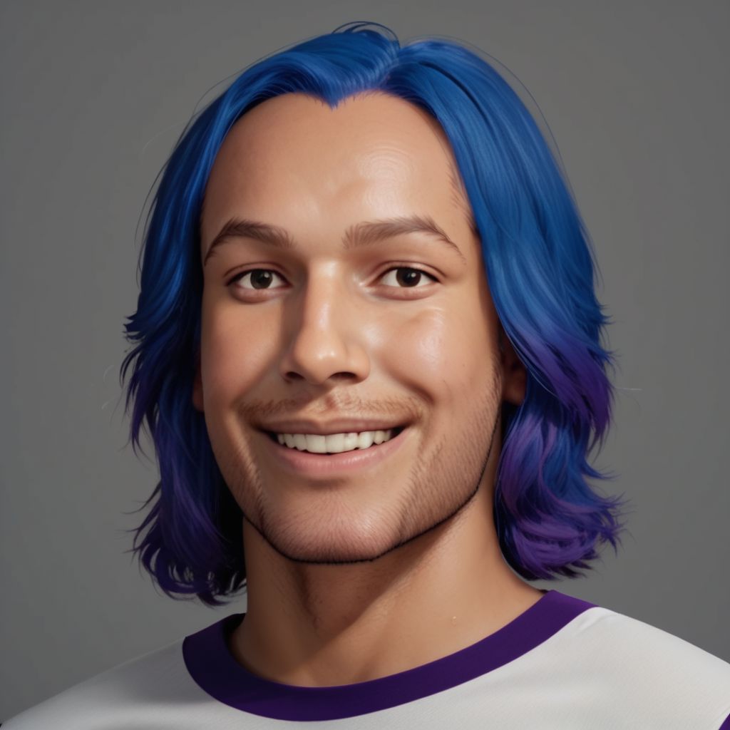 criss metaxvoor, 1boy, solo, male focus, realistic, blue hair, facial hair, grey background, shirt, black eyes, simple background, upper body, smile, stubble, looking at viewer,,  PonyXLV6_Scores zPDXL