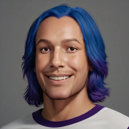criss metaxvoor, 1boy, solo, male focus, realistic, blue hair, facial hair, grey background, shirt, black eyes, simple background, upper body, smile, stubble, looking at viewer,, PonyXLV6_Scores zPDXL