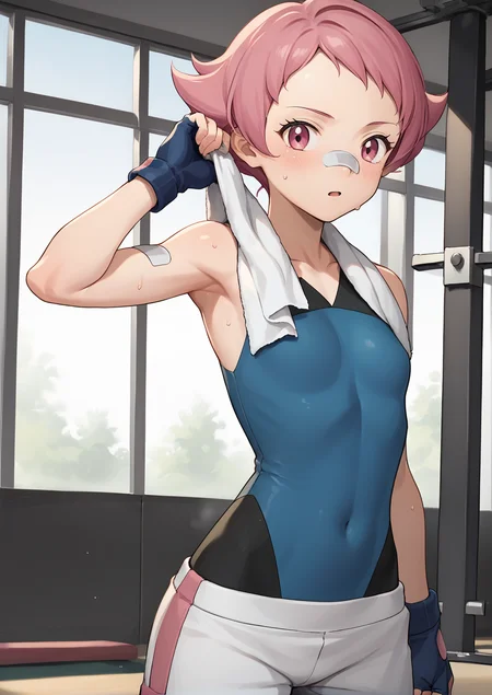 score_9,score_8_up,score_7_up,score_6_up,source anime BREAK, solo, flat colors,
indoors, gym, looking at viewer, sweat, bottle, towel, towel around neck,
1girl, maylene (pokemon), pink eyes, pink hair, small breasts, short hair, eyelashes, pointy hair,
white pants, blue gloves, bandaid on nose, bandaid, bandaid on arm, bodysuit, fingerless gloves, spandex, sleeveless,
<lora:maylene_v1_0:1>
