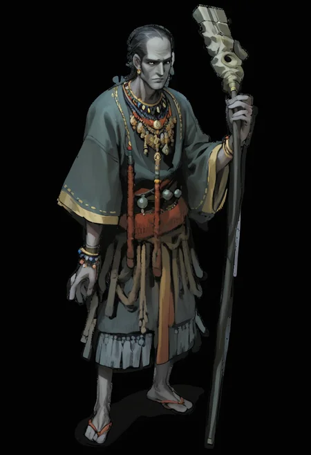 score_9, score_8_up, score_7_up, score_6_up, score_5, score_4_up, Fhunger, grey skin, solo, wide sleeves, full body, 1boy, holding staff, necklace, bracelet, transparent background, staff, male focus, standing, no humans, simple background