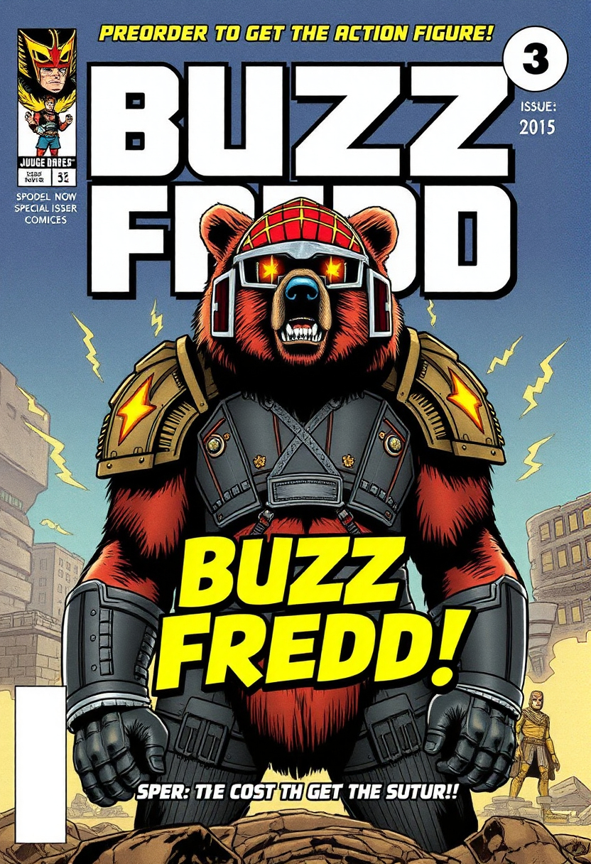 Comics cover page for "Buzz Fredd" in the style of 20th century comics, special issue, collectible