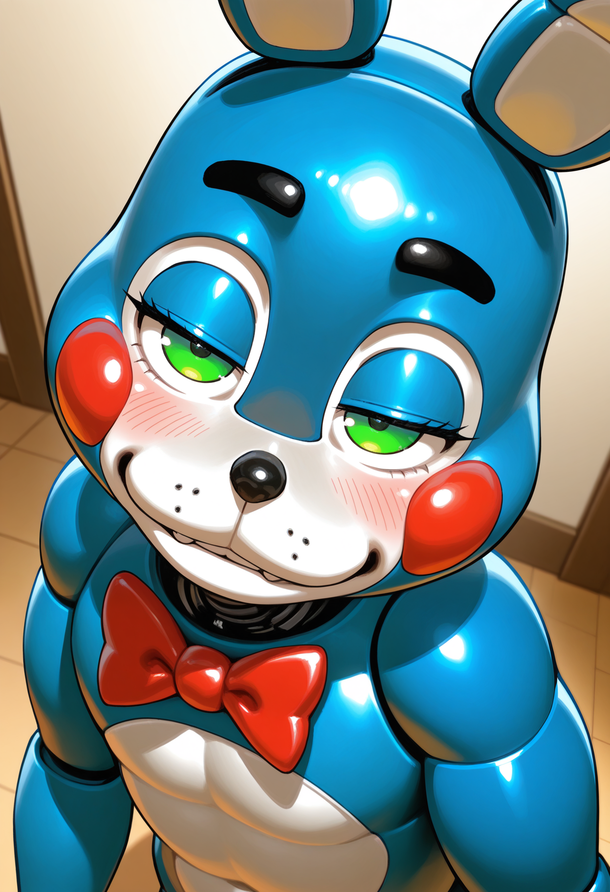 masterpiece,best quality,amazing quality, 1boy, solo, tb0nn13, robot bunny boy, male, blue fur, red bowtie, green eyes, face focus, smirk,
