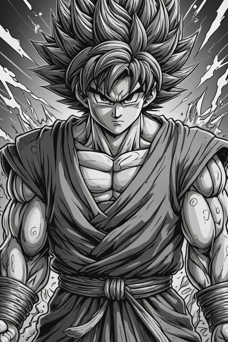 manga style son Goku,Berserk style,intricate details,greyscale . vibrant, high-energy, detailed, iconic, Japanese comic style