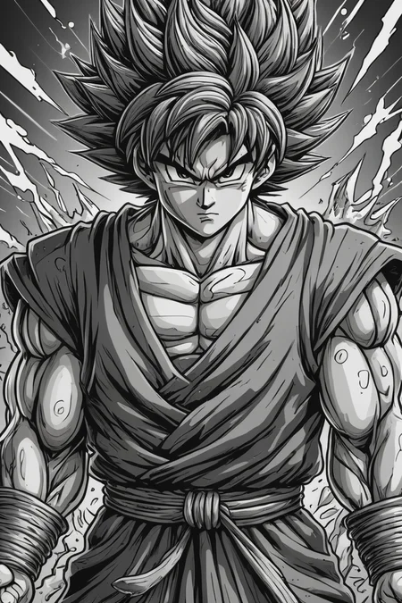 manga style son Goku,Berserk style,intricate details,greyscale . vibrant, high-energy, detailed, iconic, Japanese comic style