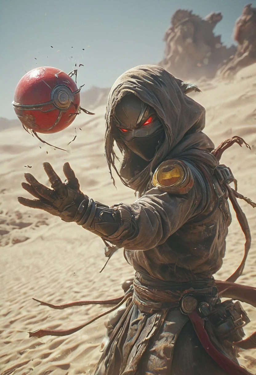Capture the essence of a weathered, worn-out cyborg ninja amidst a swirling dust and electricity storm. Bent forward, obscured beneath a large, round sedge hat, their face barely visible. With arms outstretched, each hand holds a hovering, semi-molten red-gray orb. Against the backdrop of the sun, they stand in a desolate, bleached white sand desert.. spelling to ring like Pokemon Ball in each hand, casting two Pokemon Balls
very detailed, atmospheric haze, Film grain, cinematic film still, shallow depth of field, highly detailed, high budget, cinemascope, moody, epic, OverallDetail, gorgeous, 2000s vintage RAW photo, photorealistic, candid camera, color graded cinematic, eye catchlights, atmospheric lighting, skin pores, imperfections, natural, shallow dof