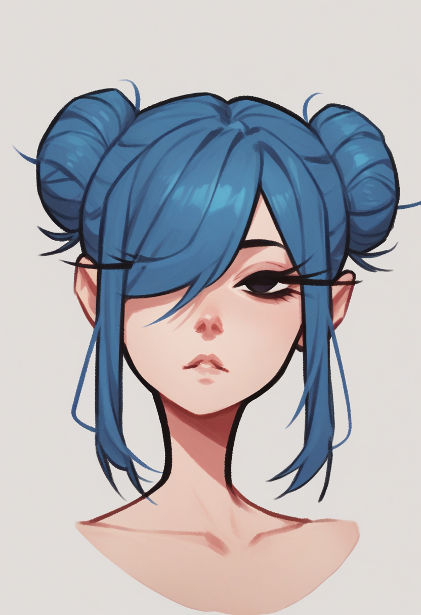 <lora:dijor-v2:1> score_9, score_8_up, score_7_up,  dijor, 1girl, solo, portrait, black eyes, eyelashes, hair covering one eye, twin bun hair, blue hair,