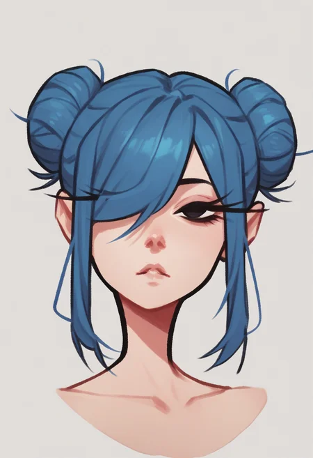 <lora:dijor-v2:1> score_9, score_8_up, score_7_up, dijor, 1girl, solo, portrait, black eyes, eyelashes, hair covering one eye, twin bun hair, blue hair,