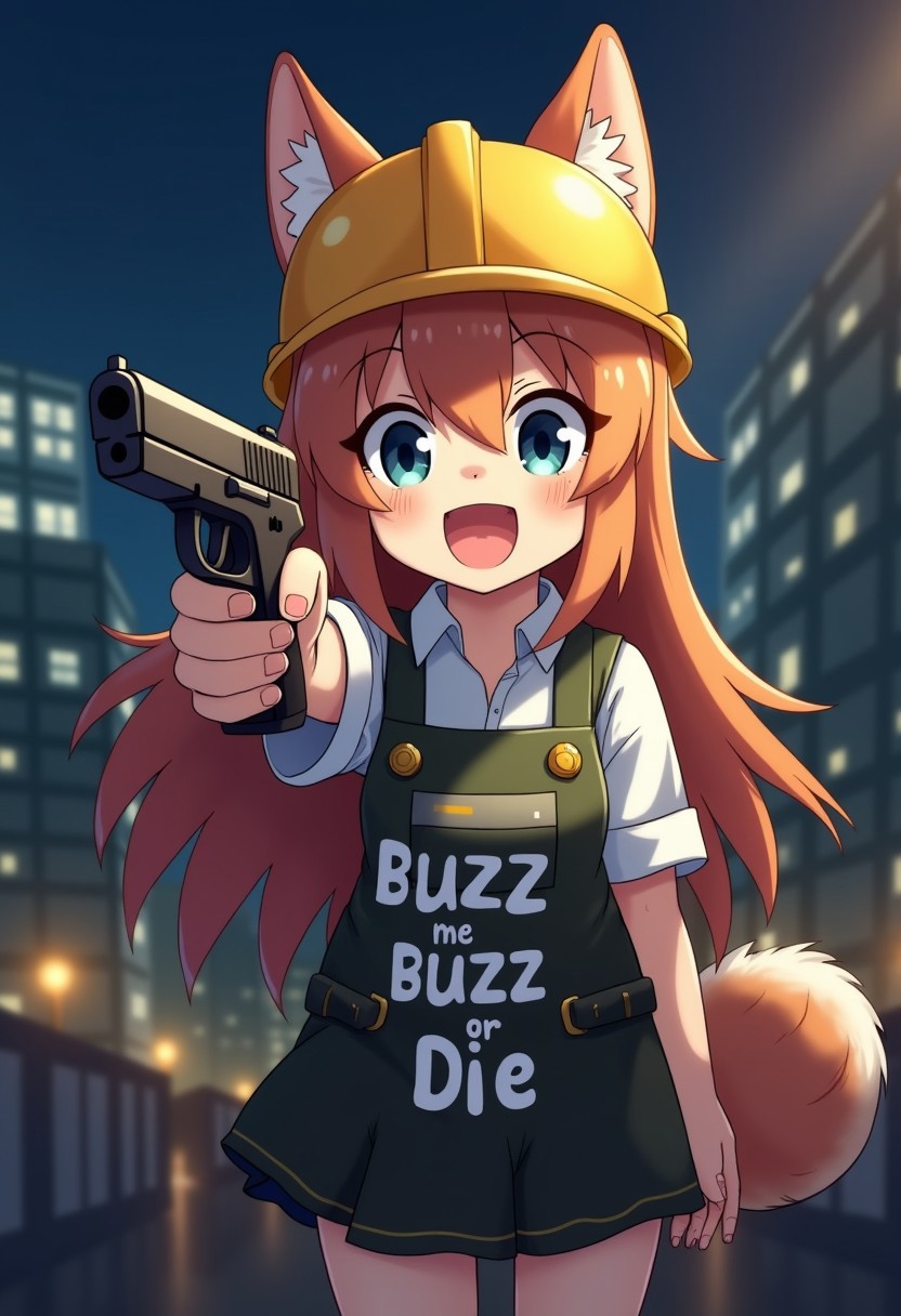 A anime dog girl pointing a gun at viewer. night city. Cat hold table with text "Give me buzz or die" Parody. Dog girl in a builder's helmet