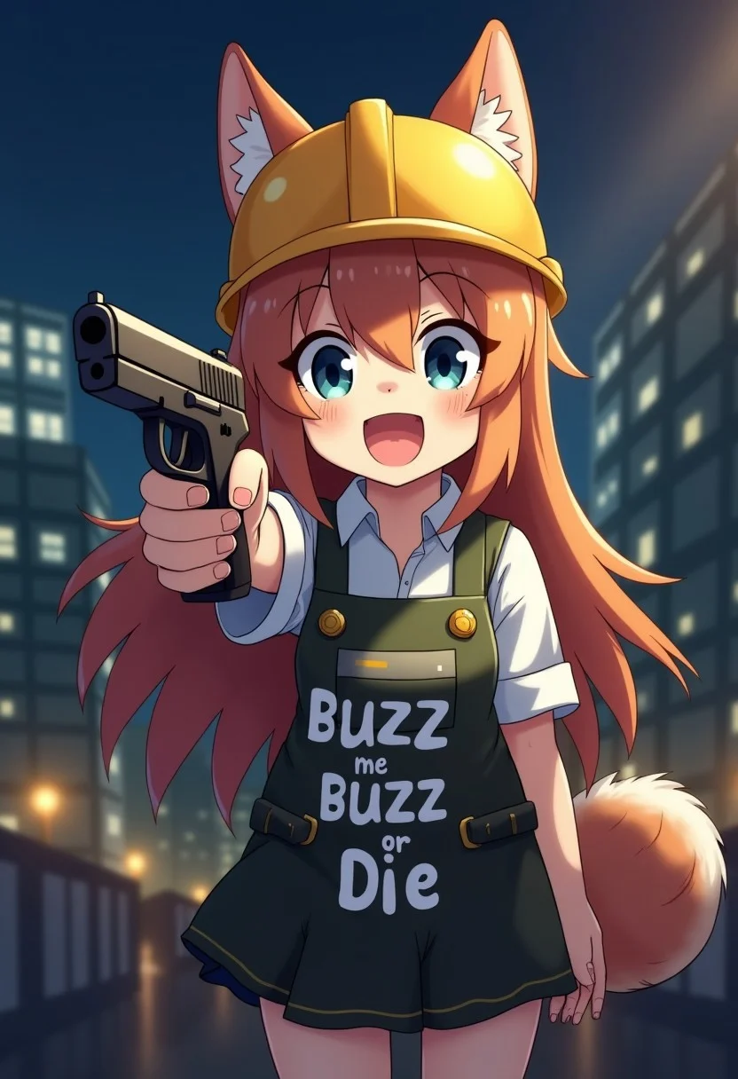 A anime dog girl pointing a gun at viewer. night city. Cat hold table with text "Give me buzz or die" Parody. Dog girl in a builder's helmet