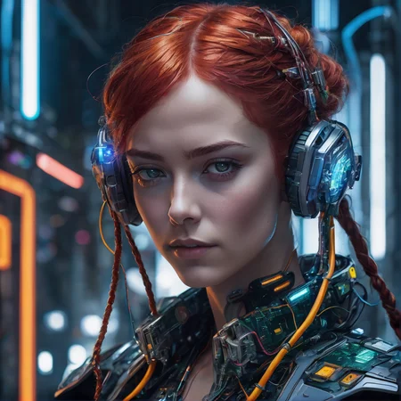 girl, woman, age 32, red hair, braided hair, full body, asymmetrical fashion, scifi cape with clusters of neon wires, wearing a crystalline circuit board style pendant, detailed face, realistic, exposed circuitry, android, scifi fantasy scene setting, scifi, cyborg, posing, hydraulic pistons, playful, listening to headphones