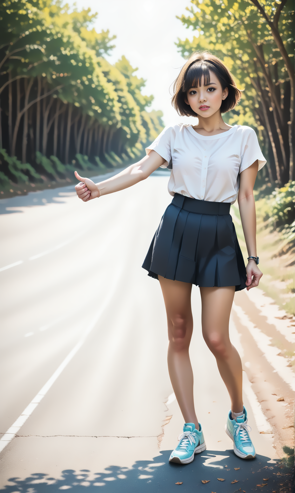 score_9, score_8_up, score_7_up, BREAK, hiHike, front view , (slim woman) standing at  road. The woman wears black short skirt and blouse, sneakers and has short brunette hair .
 <lora:HitchhikePony:1>