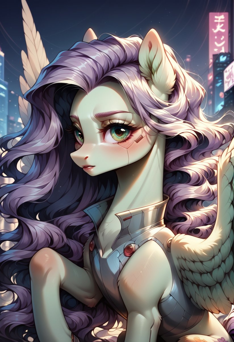 score_9, score_8_up, score_7_up, score_6_up, score_5_up, score_4_up, my little pony, ((feral pony)), a glamorous digital magazine photoshoot, a <lora:Lavender tea:1>lavender tea, (she has light purple soft wavy hair:1.3),( Side swept hair, light green skin:1.2), pale green eyes, , PEGASUS, pony, solo,  wearing avant-garde clothing, set in a futuristic cyberpunk roof-top environment, with a neon-lit city background, intricate high fashion details, backlit by vibrant city glow, Vogue fashion photography, <lora:OtherStyle_01:1> <lora:detailed_notrigger:1>