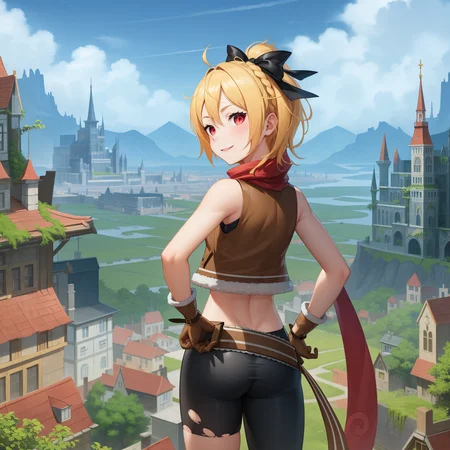 <lora:Felt:1>
best quality, 4k, ((masterpiece)), extremely detailed, 8k, trending on ArtStation, Intricate, High Detail, Sharp focus,detailed background,(fantasy city:1.4),rooftop,
1girl, solo, navel, bow, blonde hair, red eyes, hair bow, red scarf, braid, short hair, belt,small breasts,standing, looking at viewer, smile, midriff, cowboy shot,blonde hair,black bow,,asymmetrical clothes, gloves,brown gloves, torn legwear,vest,from behind,looking back,hands on hips,