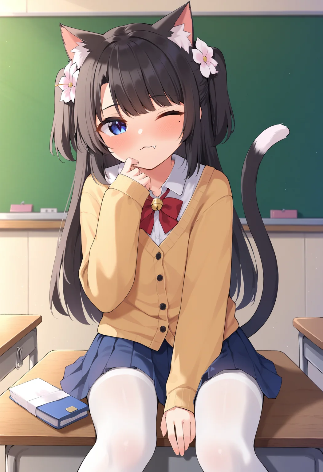 score_9, best quality, masterpiece, uncensored, source_anime
BREAK
1girl, :o, black hair, blush, female focus, flower, hair flower, hair ornament, long hair, looking at viewer, mole, mole under eye, one eye closed, cat tail, cat ears, cat girl, sleeves past wrists, solo, two side up, classroom, white pantyhose, pleated skirt, sitting on desk, fang out
<lora:yeun_pony_v1:0.7>