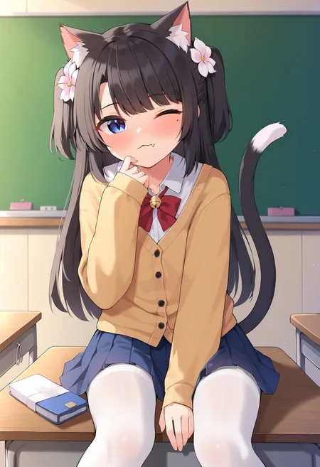 score_9, best quality, masterpiece, uncensored, source_anime
BREAK
1girl, :o, black hair, blush, female focus, flower, hair flower, hair ornament, long hair, looking at viewer, mole, mole under eye, one eye closed, cat tail, cat ears, cat girl, sleeves past wrists, solo, two side up, classroom, white pantyhose, pleated skirt, sitting on desk, fang out
<lora:yeun_pony_v1:0.7>