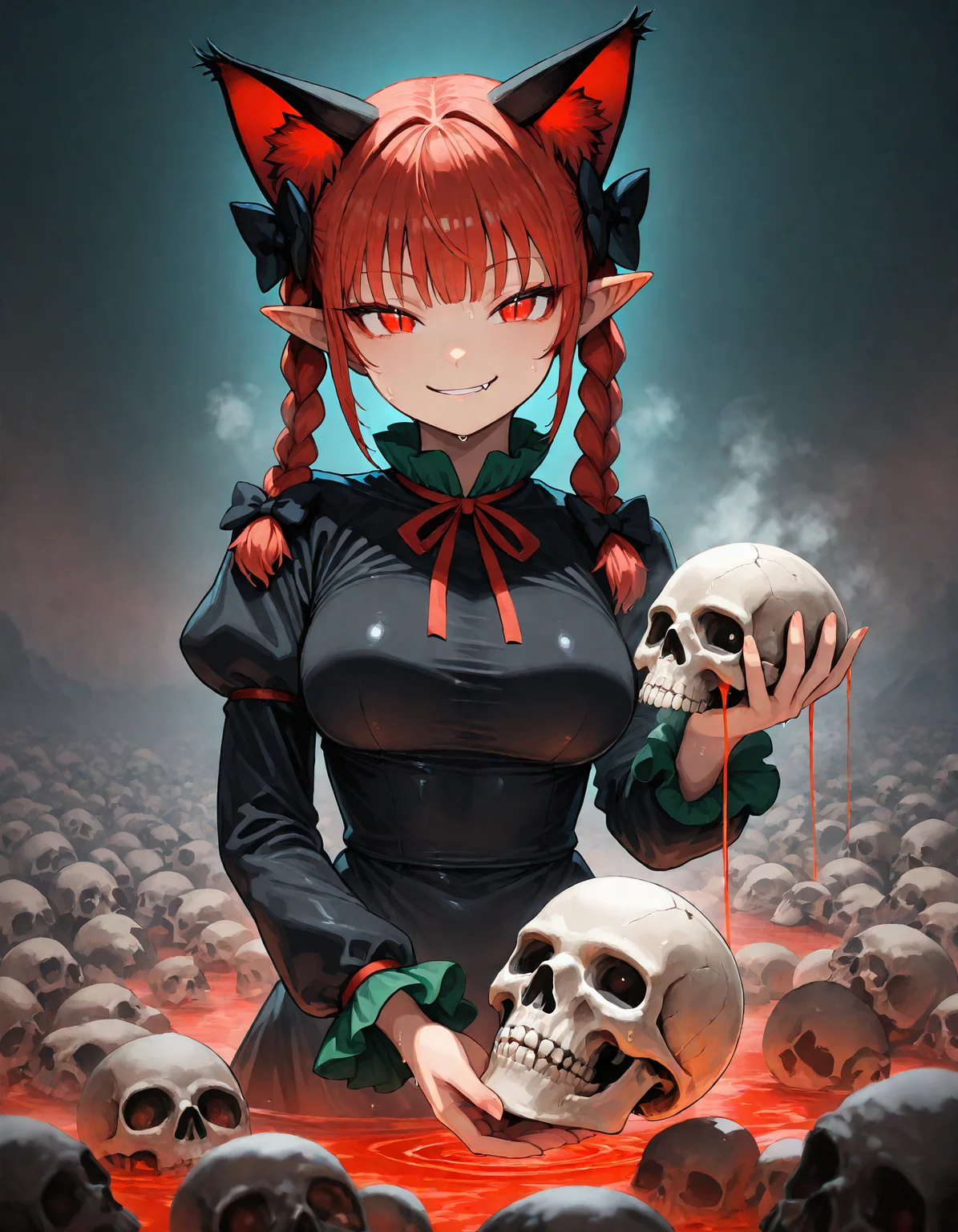munakata_(sekimizu_kazuki), hamada_yoshikazu,negative space, cinematic shot, masterpiece, highres, absurdres, newest,  wide shot, ,slimes_skullwm,made of skulls,kaenbyou_rin, touhou, 1girl, pink_hair, red_eyes, solo,animal_ears ,black_bow, black_dress , braid,breasts, cat_ears , dress,extra_ears, fang ,frilled_dress ,frills, hair_bow ,large_breasts ,long_eyelashes  ,long_sleeves ,multiple_hair_bows, pointy_ears ,red_bow , red_hair, slit_pupils, smil,tight_clothes ,tight_dress, twin_braids ,fang, crazy_eyes ,holding skull, looking at viewer, seductive smile, steaming body, in heat, sweaty, lying, on back,
<lora:SlimesSkullWM:1> <lora:ponyv5_noobE11_1_adamW:0.7> <lora:illustrious_noobai_epsilon_pred_11_very_aesthetic_v1:0.7> , <lora:kaenbyou_rin_image6792_2023-12-20:0.6>