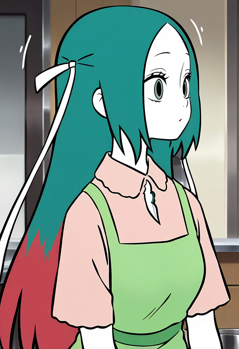 <lora:jingwei:1>,jingwei,1girl,solo,long hair,multicolored hair,red hair,green hair,hair ribbon,white ribbon,black_pulpil,white skin,
 green apron, shirt,, masterpiece,best quality,amazing quality,absurdres, anime screenshot,