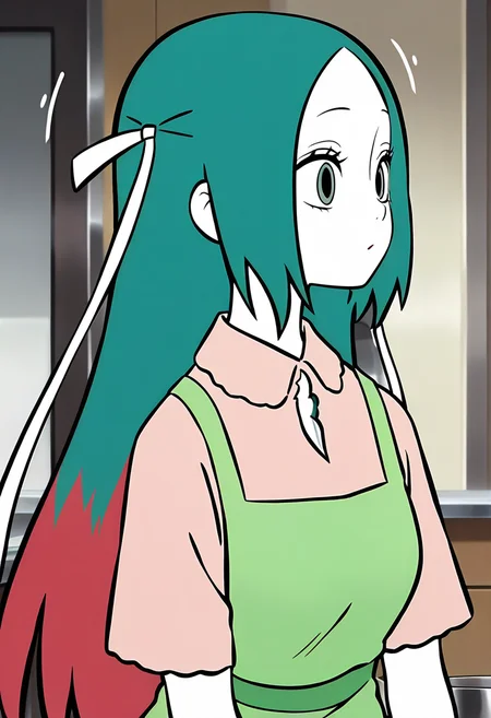 <lora:jingwei:1>,jingwei,1girl,solo,long hair,multicolored hair,red hair,green hair,hair ribbon,white ribbon,black_pulpil,white skin,
 green apron, shirt,, masterpiece,best quality,amazing quality,absurdres, anime screenshot,