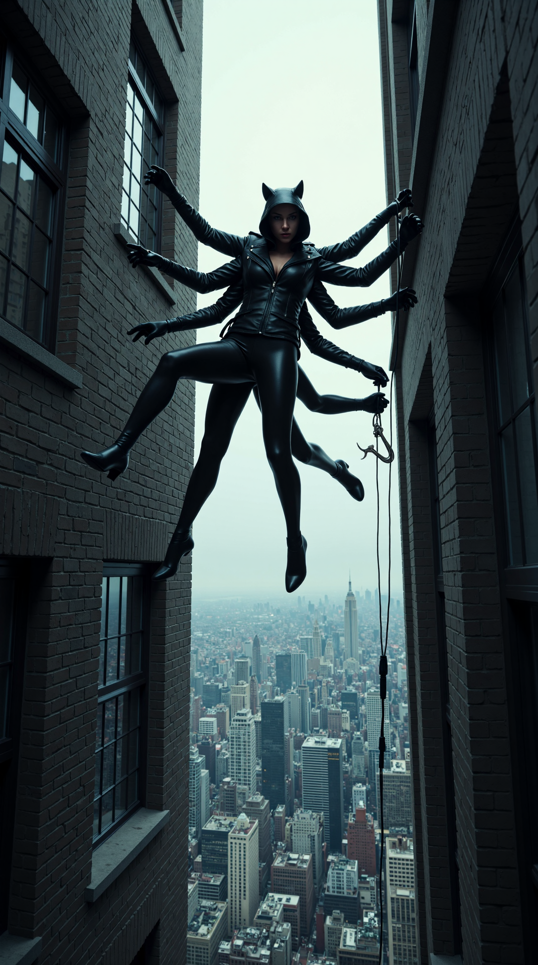 A realistic photo of In a dark, gritty, urban alleyway, a cat burglar with manymany flexible limbs, weaves through the shadows with stealth and precision. Her manymany arms (8 in total) grasp and balance on the wet stone walls, as she effortlessly scales the heights of a towering skyscraper. One arm holds a sleek, high-tech grappling hook, while another expertly navigates a series of intricate locks on a secure window. A third arm casually adjusts the folds of her black leather jacket, while a fourth arm delicately plucks a diamond necklace from a thief's grasp. Her manymany hands dance through the air like a silhouette of a feline predator stalking its prey. As she summits the rooftop, the city skyline sprawls out behind her like a canvas of steel and glass.
The image is photorealistic and has cinematic vibes. Beautiful atmospheric lighting. Professional photography. <lora:ManyMany:0.6>