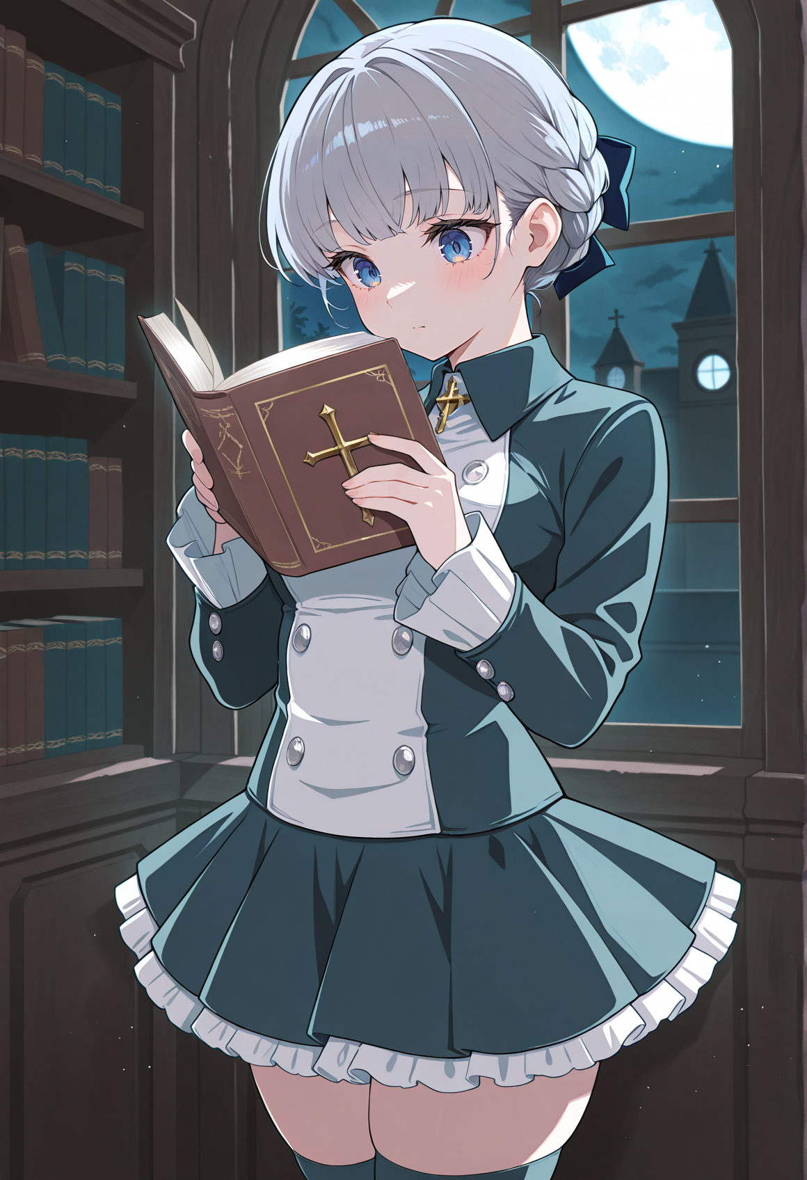1girl, solo, grey hair, blue eyes, braid, hair ribbon, cross, jacket, buttons, long sleeves, frills, pleated skirt, thighhighs, indoors, library, window, moon, dappled moonlight, reading  <lora:Alice_Elliot:1>, masterpiece, best quality, amazing quality, very aesthetic, absurdres, highres, newest