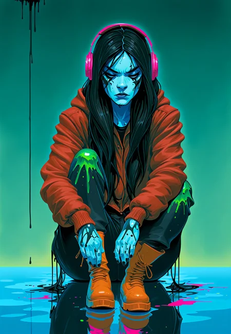 masterpiece, best quality, 1nkPnk, solo, 1girl, headphones, long hair, black hair, boots, sitting, jacket, pants, water, hood, hood down, colored skin, reflection, knee up, long sleeves, rough sketch, messy, comic art style, ink splatter, painting (medium), paint, ink (medium), pencil (medium), sketch