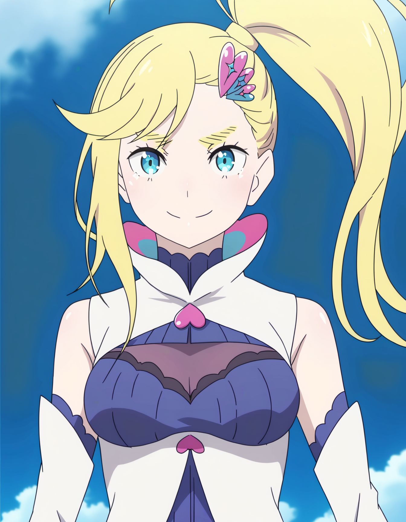 blonde hair, blue eyes, minerva, 1girl, solo, ponytail, blue sky, smile <lora:Minerva_ReZero:1>,