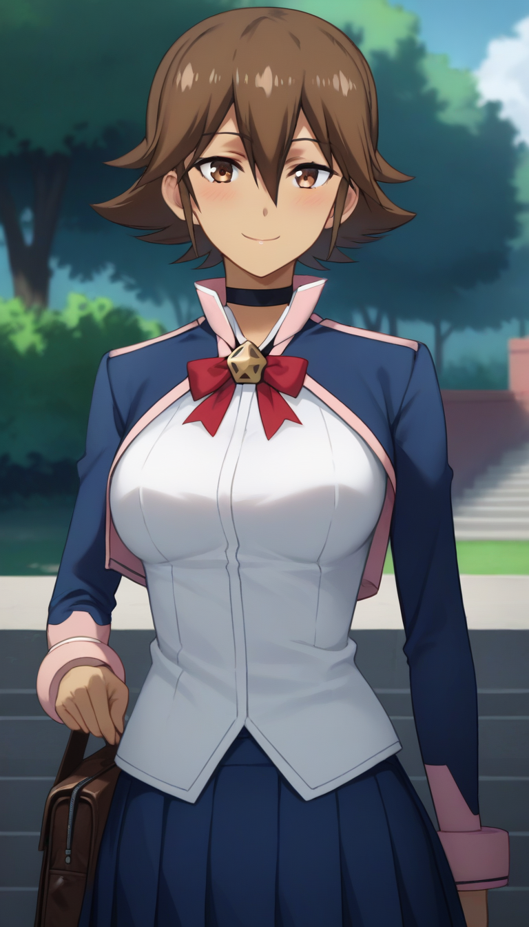 score_9,score_8_up,masterpiece,best quality,correct anatomy,anime_source,1girl,solo,perfect eyes,perfect arms,perfect legs,perfect face,outdoors,upper body,(portrait:1.5),looking at viewer,facing viewer,smile,blush,Yessica,dark-skinned female,short hair,brown hair,sidelocks,hair between eyes,parted bangs,brown eyes,school uniform,choker,blue jacket,cropped jacket,red ribbon,turtleneck shirt,white shirt,medium breasts,skindentation,breasts out,long sleeves,miniskirt,blue skirt,pleated skirt,black socks,loafers,<lora:Yessica(ek)-Pony:1.6>,