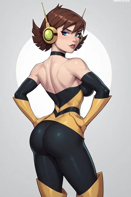 style parody, parody, source_cartoon, score_9, score_8_up, score_7_up, score_6_up, <lora:add-detail-xl:1>, ((zPDXL2)), (perfect anatomy), cowboy shot BREAK <lora:Wasp:1> janet van dyne, blue eyes, short hair, brown hair, multicolored hair, (looking back at viewer), headphones, choker, cleavage, strapless, bare shoulders, elbow gloves, pantyhose, boots, lipstick, makeup, large breasts, curvy, toned, athletic, hands on hip, standing in luxurious bedroom