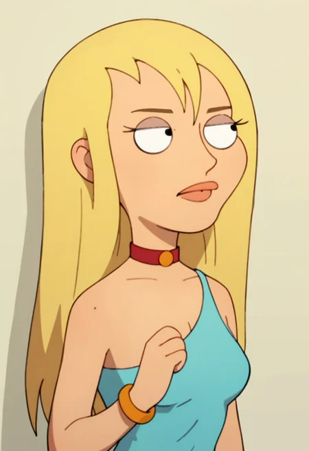 Score_9_up, score_8_up, score_7_up, Expressiveh, 1girl, solo, jrwfg, blonde hair, long hair, collar, bracelet, aqua one shoulder top shirt, cowboy shot,