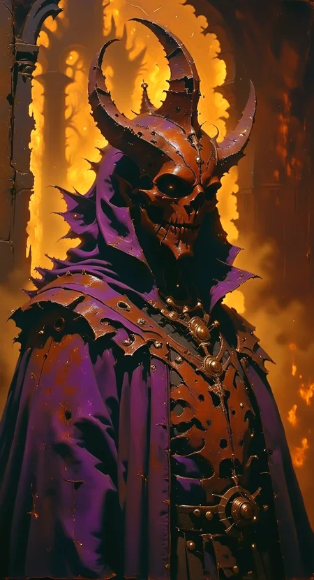 Warhammer style, gop, oil painting portrait of a fat male psyker, heretic, about 30-40 years old, copper cybernetic tubes and implants sticking out of his head, three parallel scars on his face, dark skin of unnatural blue-brown colour, eyes glowing purple, dark violet hooded cloak with copper breastplate, blood stains on his clothes, holding a sword shard in his hand glowing with sinister light and grinning evilly, there's a doorway in the background where the demons are climbing in, texture, chiaroscuro, detailxl
