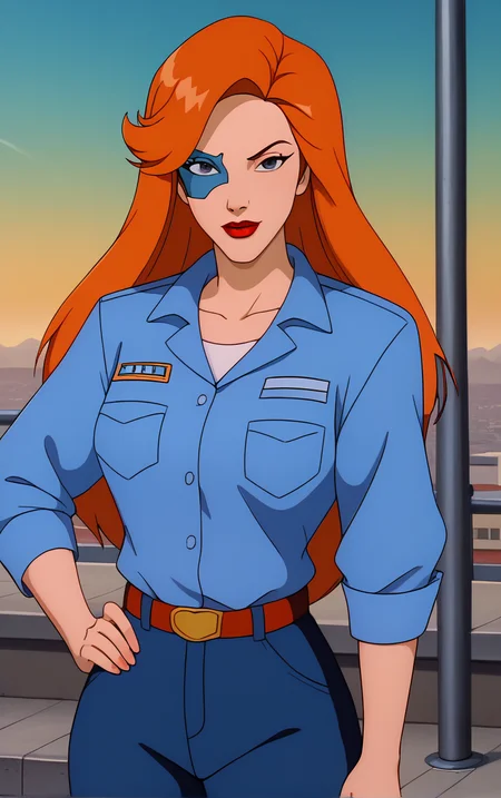 score_9, score_8_up, score_7_up, looking at viewer, BREAK
PrisonBlueShirt_FoxXanatos_ownwaifu,
1girl, eye mask, facial tattoo, green eyes, long hair, orange hair, lipstick, red lips, makeup, bangs, collarbone, breasts,
blue shirt, long sleeves, breast pocket, collared shirt, blue pants, belt, uniform, formal,
(contrapposto, hand on hip), sunset, sidelighting, cityscape, outdoors, <lora:PONYXL_Gargoyles_FoxXanatos_ownwaifu:1> , depth of field, solo,