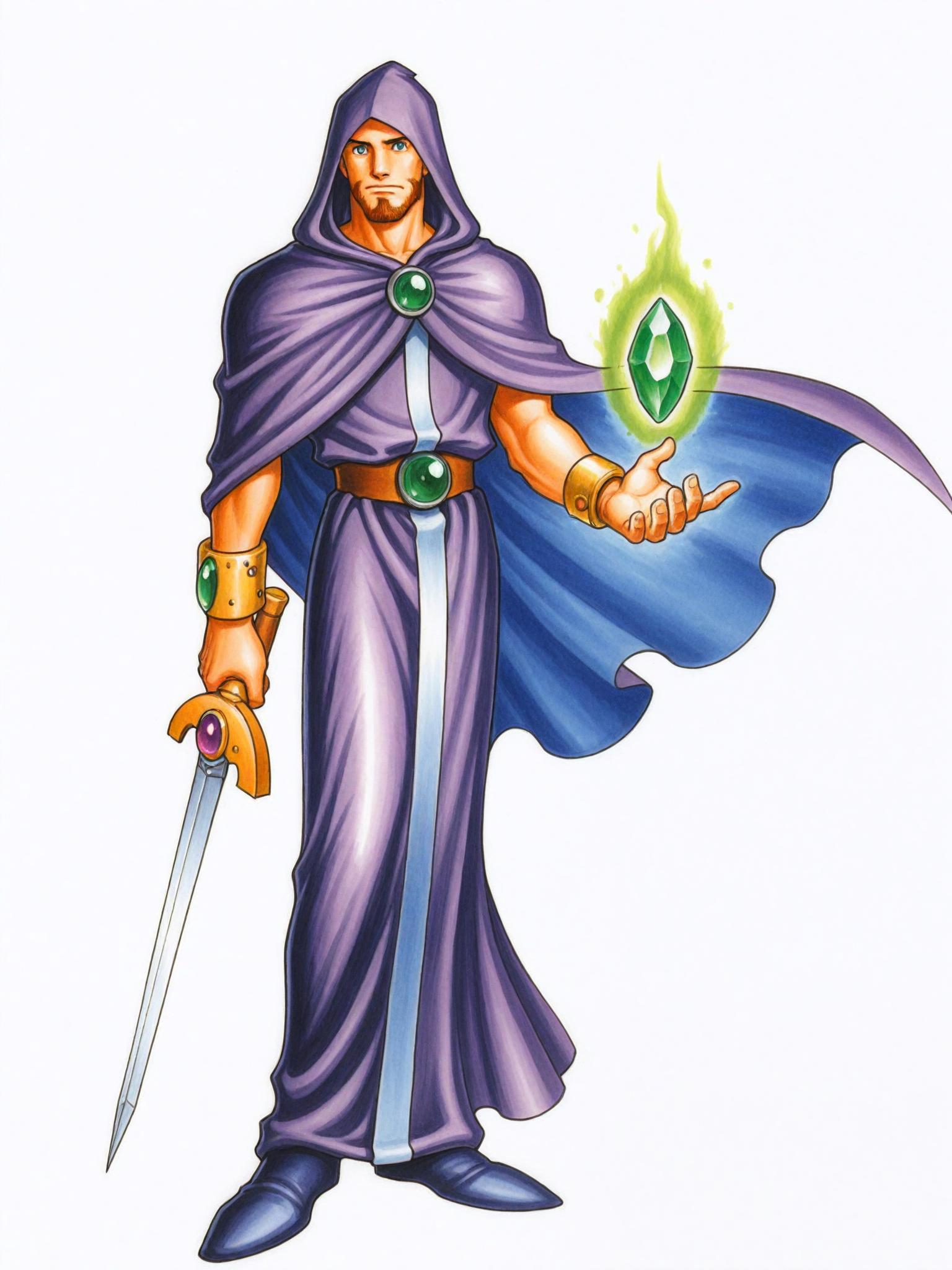 Capcomfantasy, 1boy, solo, male focus, staff, robe, bracelet, wizard, hood, jewelry, cape, white background, traditional media, full body, facial hair, simple background, standing, fantasy, mage, hooded figure, purple and blue robes, staff with green gem, casting spell, vibrant colors, detailed, illustration, Captain Commando, Magic Sword, 1boy, 