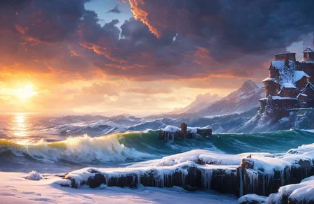 award winning wooden railings looking out over beautiful clear water, (ocean), ((waves)), storm,((dark storm clouds)), fluffy clouds in the sky, (paint splashes:1.3), (splatter:1.2), outrun, vaporware, shaded flat illustration, digital art, trending on artstation, highly detailed, fine detail, intricate, ((lens flare)), (backlighting), (bloom), Style-Winter background, [SCG768-Euphoria::20]