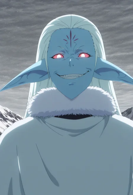 highres,absurdres,masterpiece,best quality,(anime screencap:0.5), 1girl, ice elves, baruka, mark on forehead, pointy ears, solo, blue skin, white hair, white eyes, evil smile, fur trim, glowing red eyes, detailed image, detailed line art, anime screencap, sharp line art, black shading, (manhwa style:1.2), snow, cinematic composition, (full body:0.6), <lora:anime_screencap:1> anime screencap, anime coloring, best quality, high contrast, detailed background, evil look, snowing, mountain range, blue sky, snow mountians, anime background, glowing red eyes, <lora:Ice_Elves_Baruka- Illustrious:0.8> <lora:MeMaxV3TypeC_ill:0.6>
