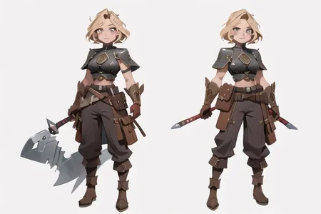 1woman, solo, armor, pauldrons, <lora:BarbarianT-18:0.8>, BarbarianT, muscular female, bare body builder abs, ((masterpiece: 1.4, perfect face, best quality: 1.2)), ultra highly detailed, detailed eyes, delicate hair details, armor faulds, fantasy crop top, arm armor, armor greaves, furry tippet, large breasts, sexy eyes, devilish grin, mixed blonde hair, extremely messy large shag hair cape, many braids and beads in hair, intricate details, hazel eyes, eyeliner, eyelashes, crossed_bangs, warpaint, one bare muscular armor with viking design tattoo, wide striped puffy sleeves, multicolor sleeves, tribal design asymmetrical lion cloths, leather boots, wide striped baggy pants trousers, tassel belt accessories, barbarian woman, brown leather hip belt with pouch on right side of hip, sword sheath on left side of hip belt, leather gloves with fur trim, saturated brown tones, nordic, fantasy aesthetic,(flat saturated colors), fine details, intense,(lineart:1.33), charactersheet, reference sheet, multiple views, white background